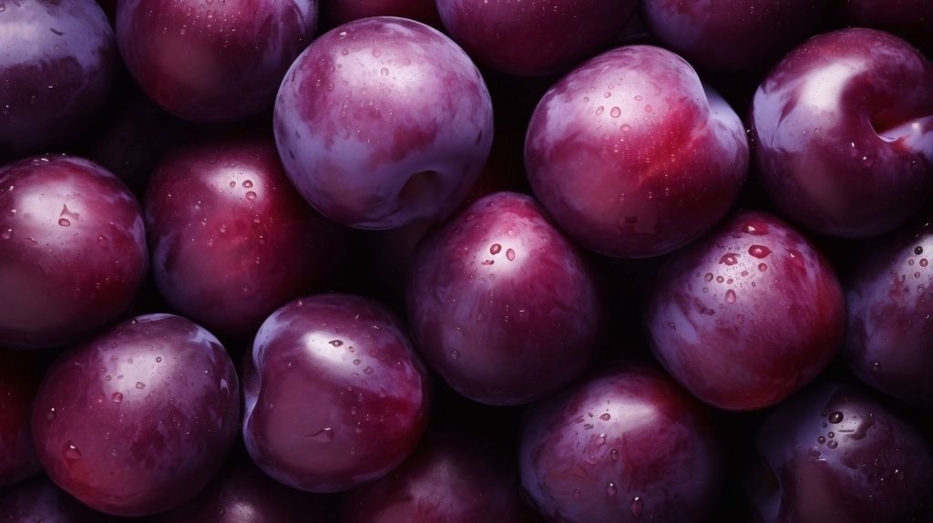 Background texture of plums. A lot of ripe purple plums background, top view. Ripe juicy plum close-up